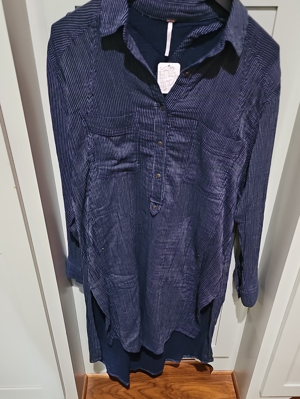 Free People Sammy Jo Navy and White Pinstripe Shirt Dress